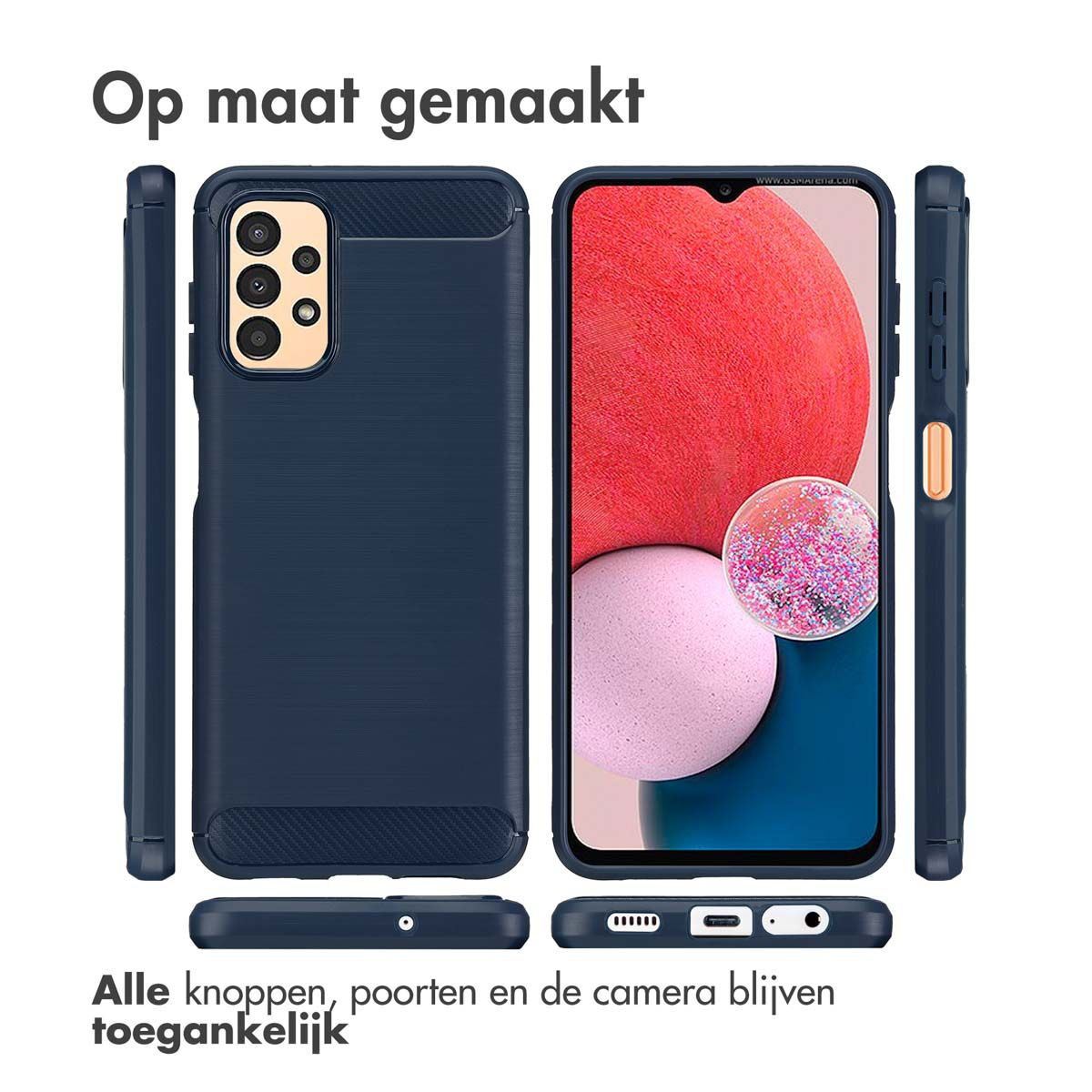 Een telefoonhoesje wordt getoond met een telefoon. De hoes is blauw. Tekst: 'Op maat gemaakt' en 'Alle knoppen, poorten en de camera blijven toegankelijk'.