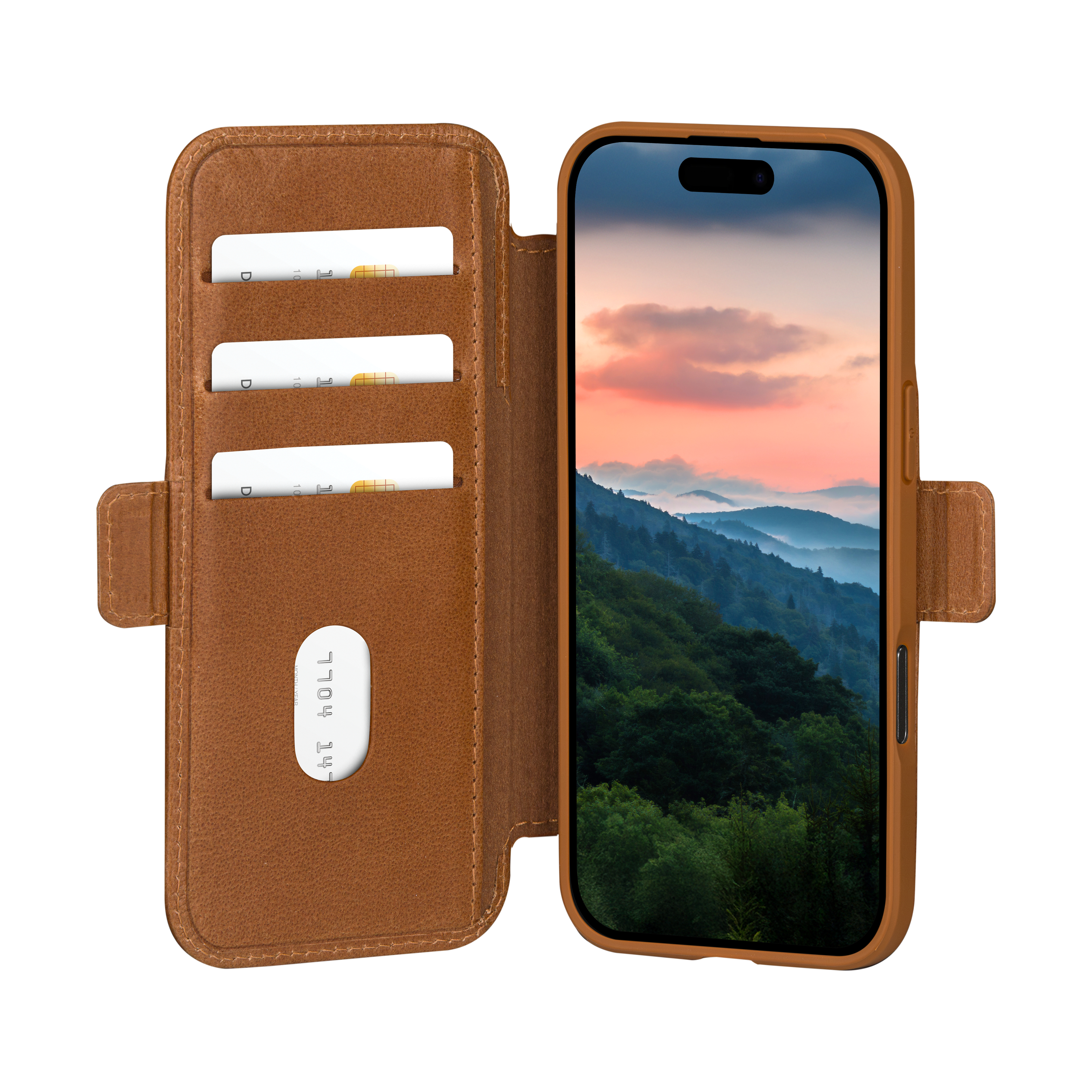 Custodia per telefono in pelle marrone con un telefono che mostra una scena di montagna. Le fessure per carte di credito sono visibili.