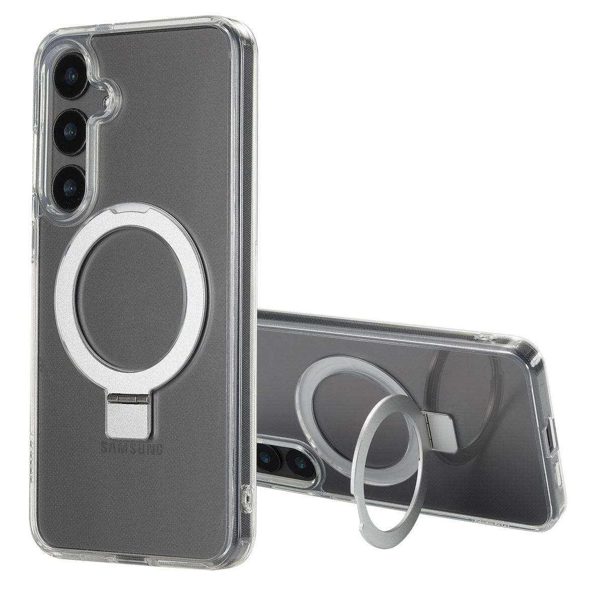 Due custodie trasparenti per telefono con anello. Una in piedi, una sdraiata. Entrambe hanno sfondo grigio e logo Samsung.
