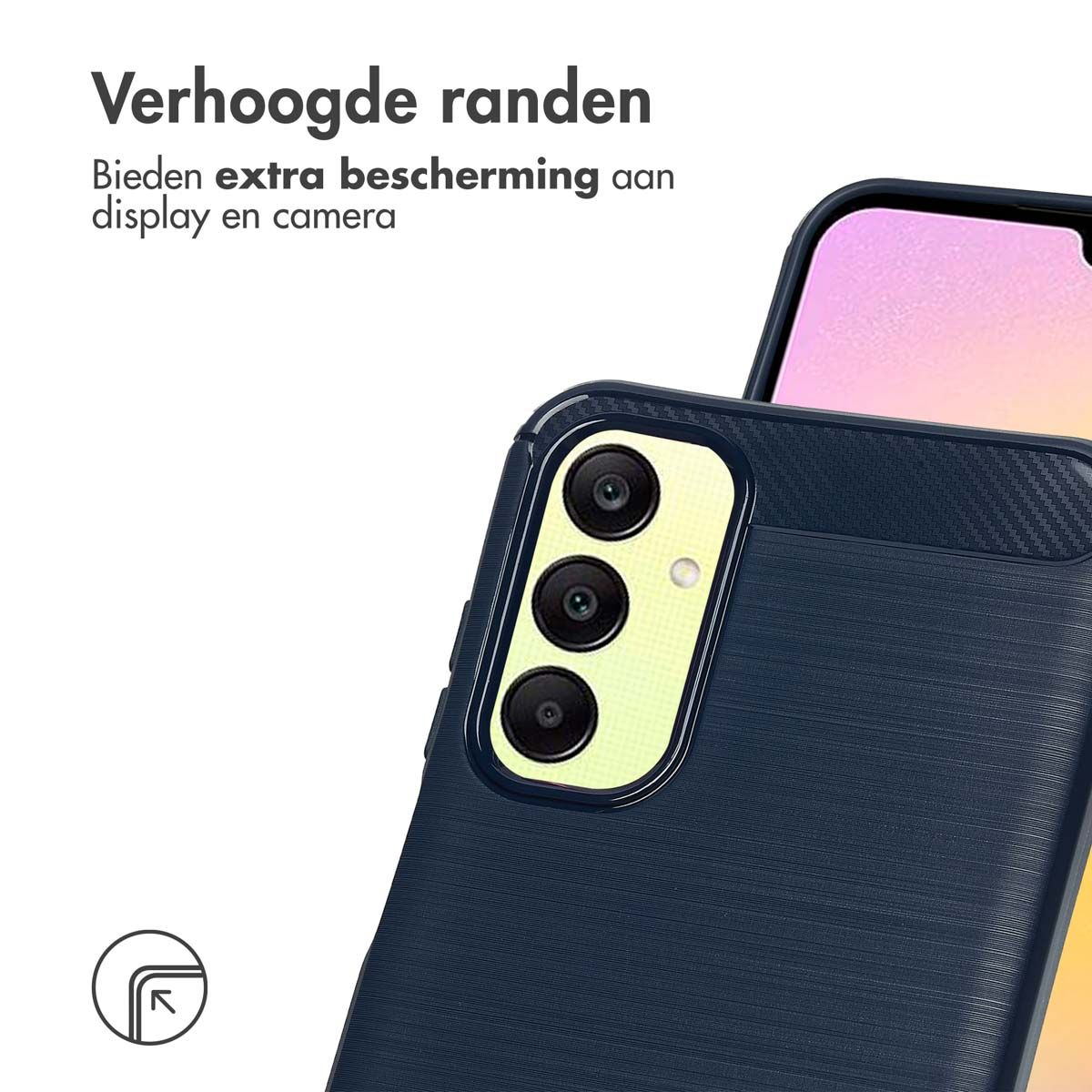 Dunkelblaue Handyhülle mit drei Kameralinsen. Text lautet 'Verhoogde randen'. Der Hintergrund zeigt einen Telefonbildschirm.