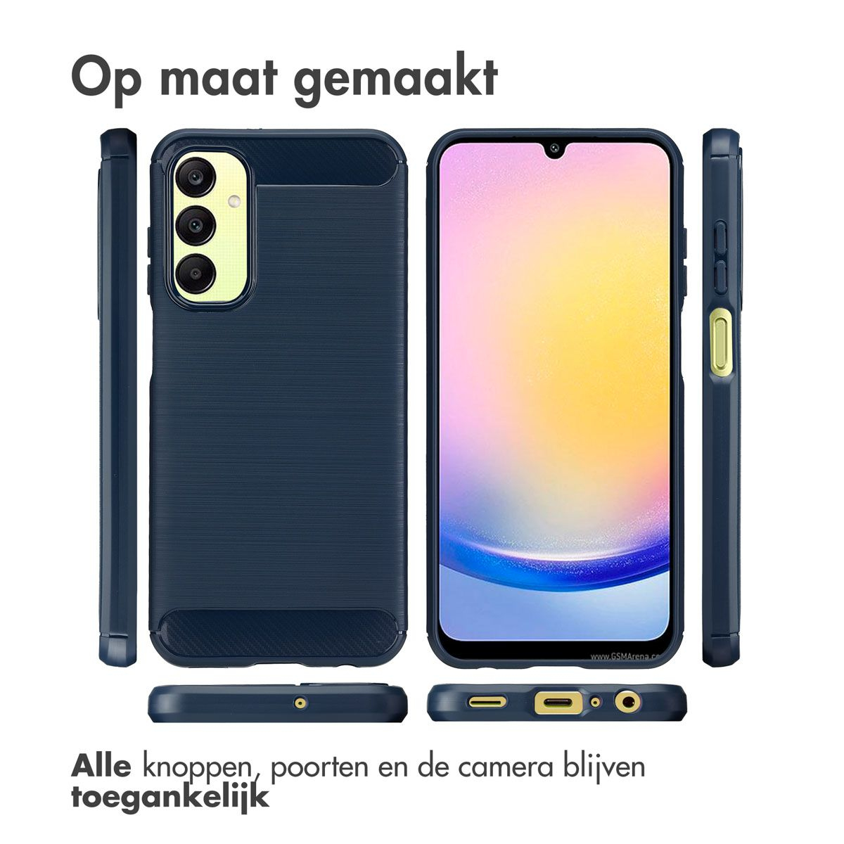 Ein Telefon in einer marineblauen Hülle, mit einem Bildschirm, der einen Farbverlauf von Gelb und Rosa zeigt. Text: 'Op maat gemaakt'.