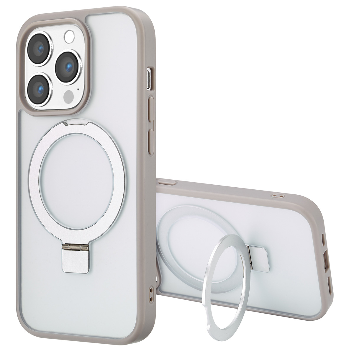 Deux coques de téléphone, une debout, une couchée. Les deux sont gris clair avec un anneau argenté au dos. La coque debout a un appareil photo.