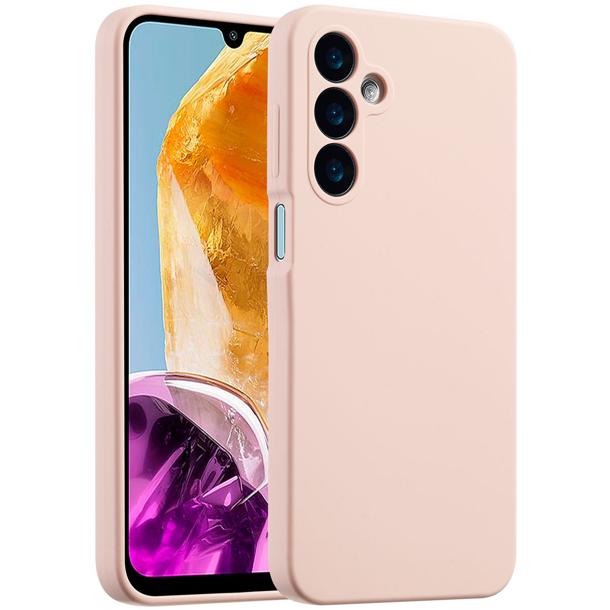 Eine rosa Handyhülle mit einem Handy. Das Handy zeigt ein gelbes und oranges abstraktes Bild.