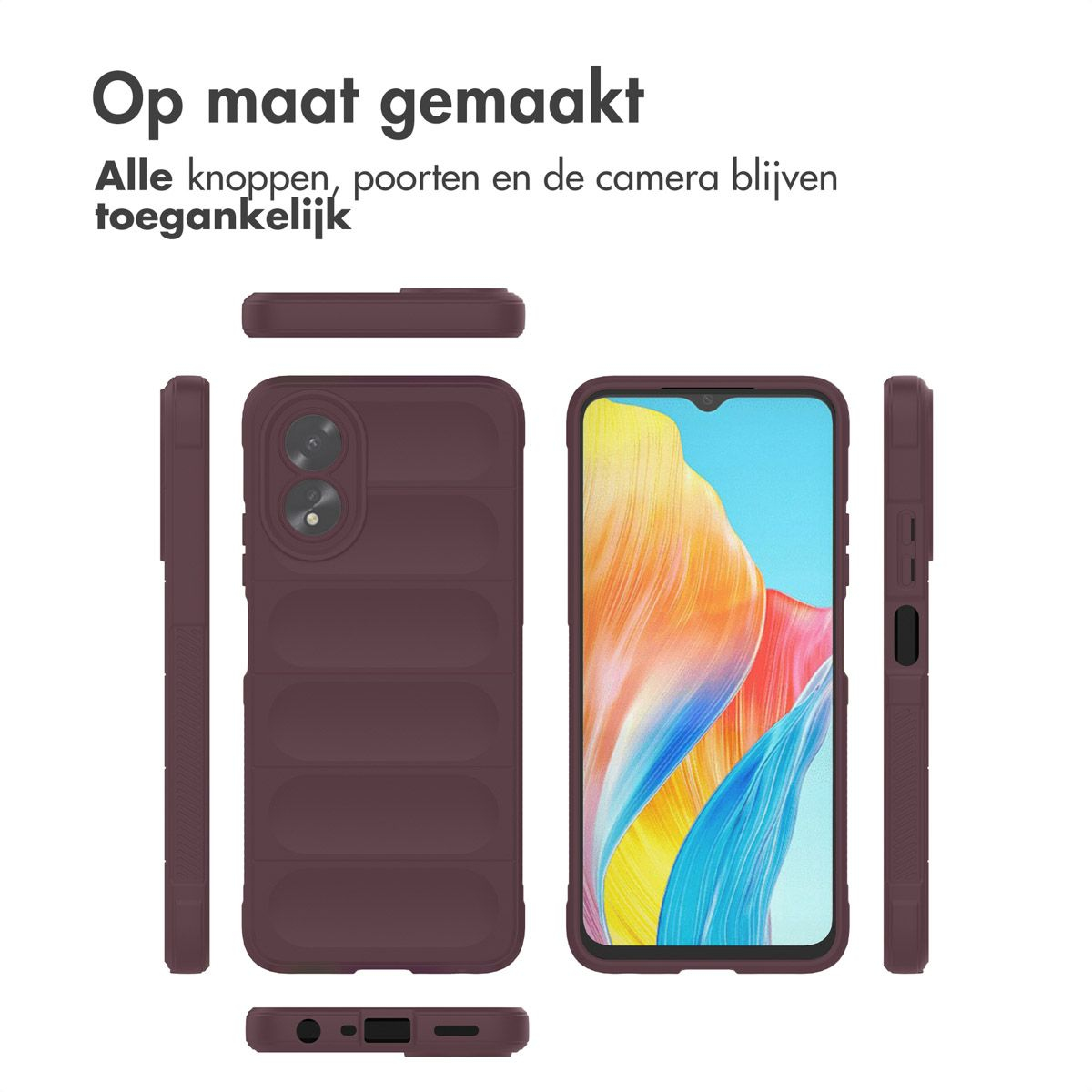 Un étui de téléphone est montré sous plusieurs angles. Il est rouge foncé. L'écran affiche un fond d'écran coloré.