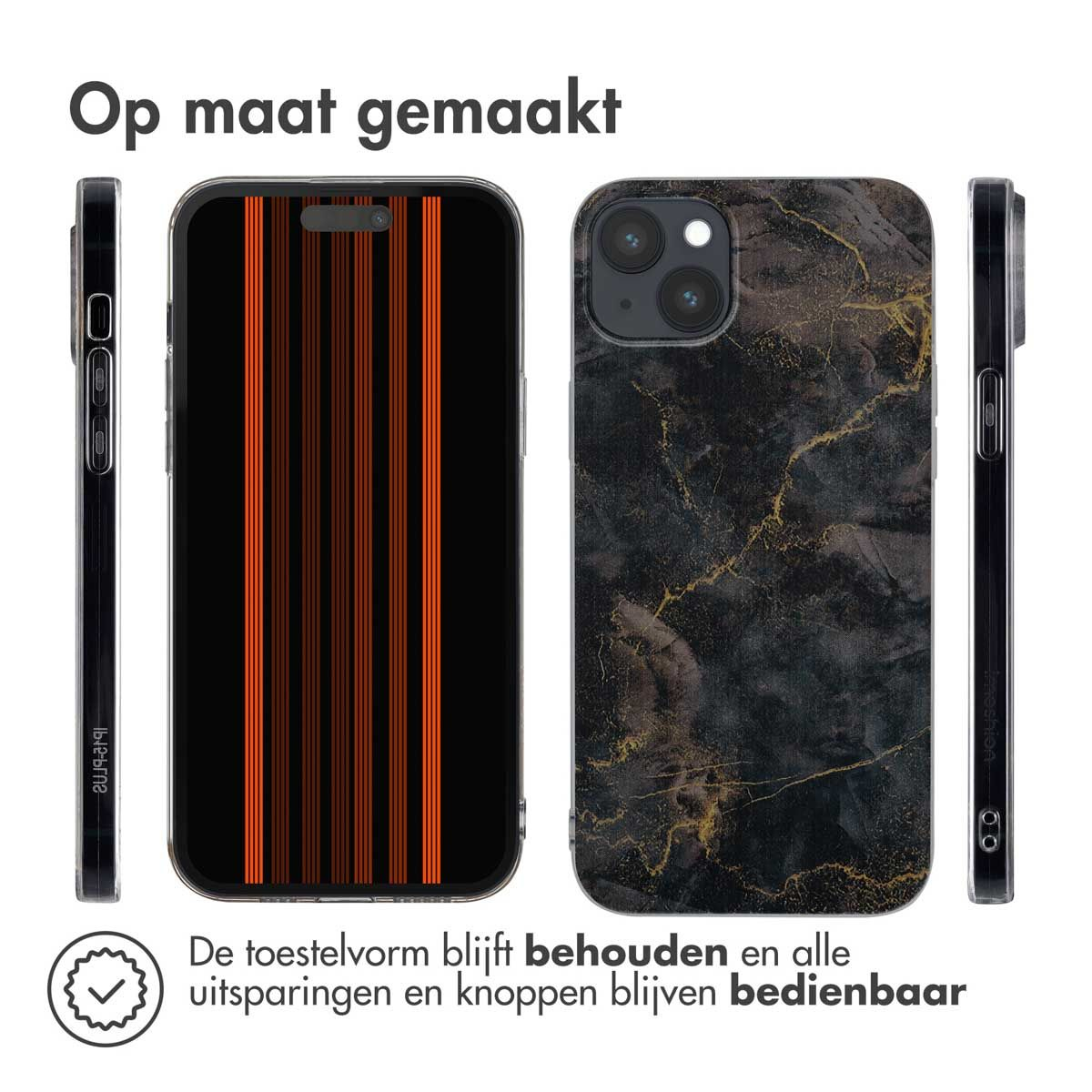 Drie telefoonhoesjes: een met oranje strepen, een met marmerdesign en een zwarte. Nederlandse tekst 'Op maat gemaakt'.