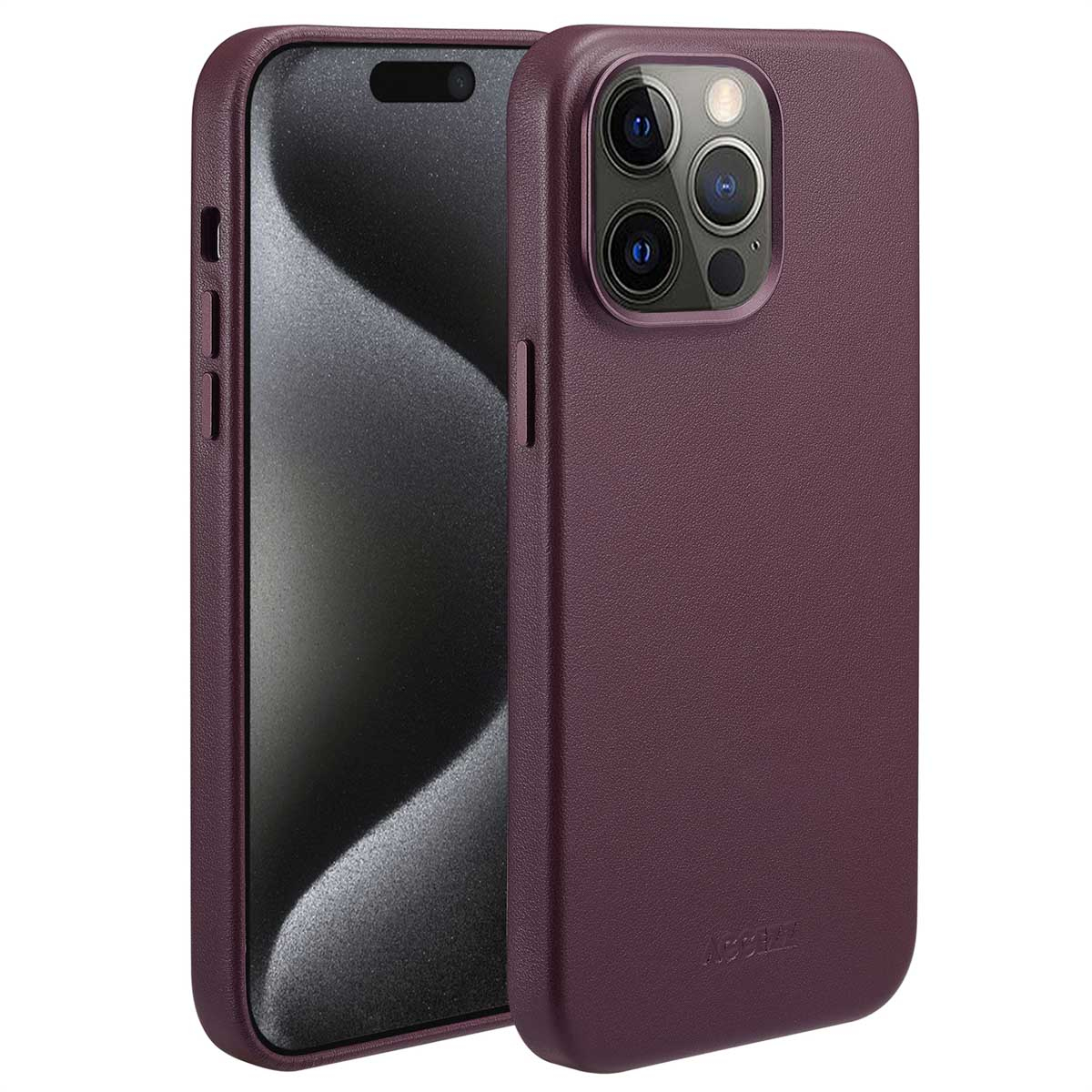 Twee bordeauxrode telefoonhoesjes, één met de telefoon erin. Toont het scherm van de telefoon en de camerabult.