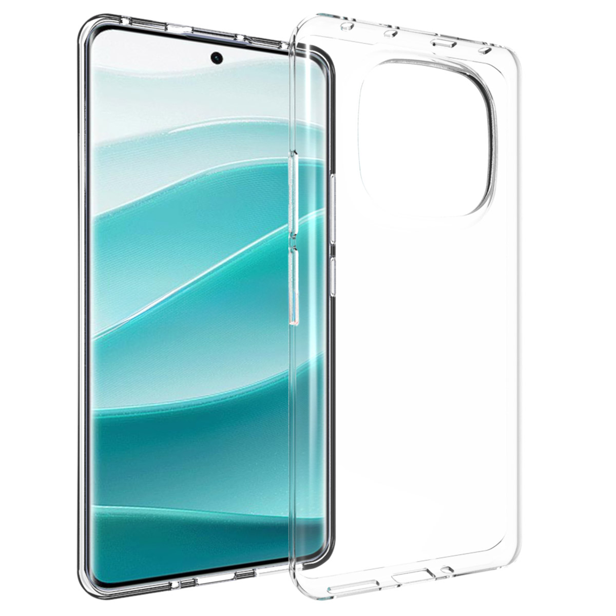 Une coque de téléphone transparente à côté d'un téléphone avec un écran montrant des vagues turquoise. La coque est transparente.