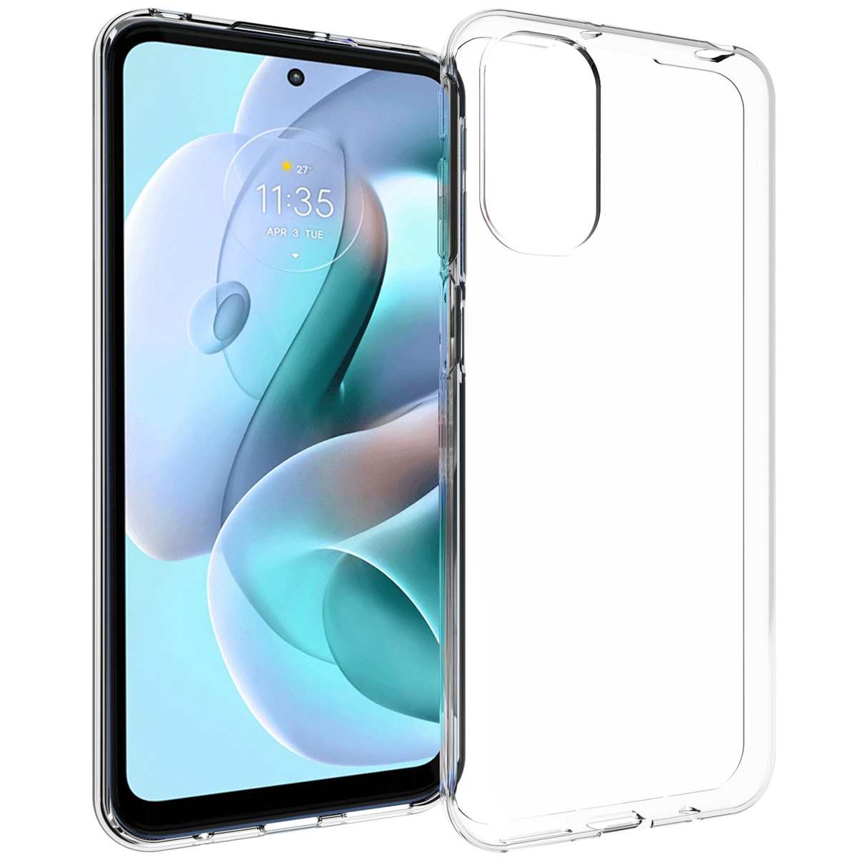 Un smartphone avec une coque de protection transparente. L'écran affiche une horloge indiquant 11h35 et une date. La coque est transparente.