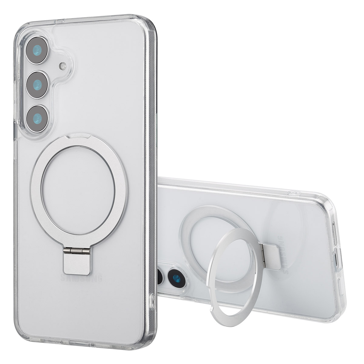 Coque de téléphone transparente avec support anneau argenté. Une autre coque est derrière. Les deux ont des objectifs et le logo Samsung.