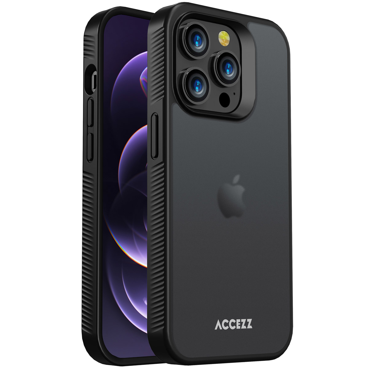 Due custodie nere per iPhone. Una mostra il telefono all'interno. L'altra mostra il retro della custodia e il nome del marchio.