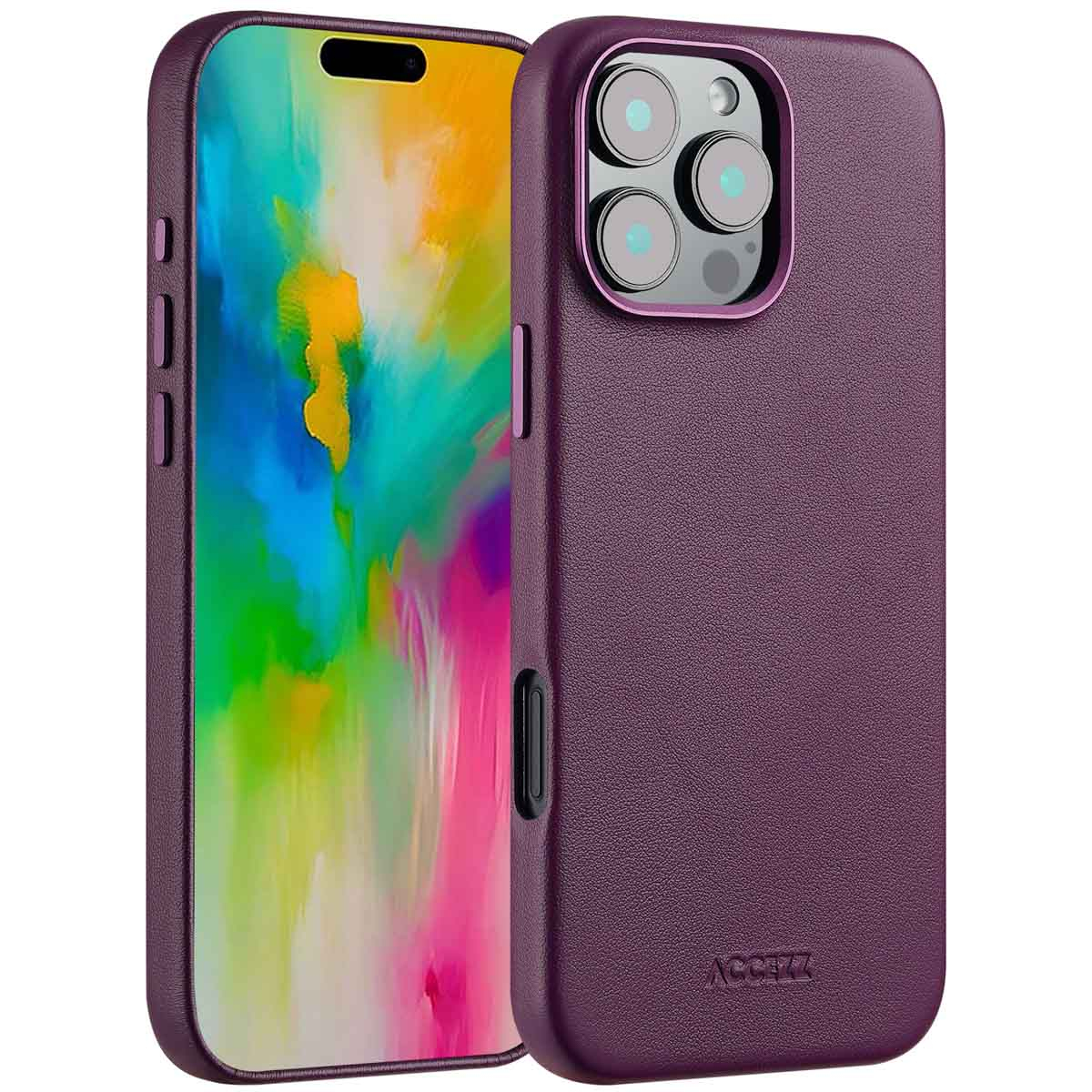 Een paarse telefoonhoes met een telefoon erin. De telefoon heeft een kleurrijke achtergrond. De hoes heeft uitsparingen voor de camera en knoppen.