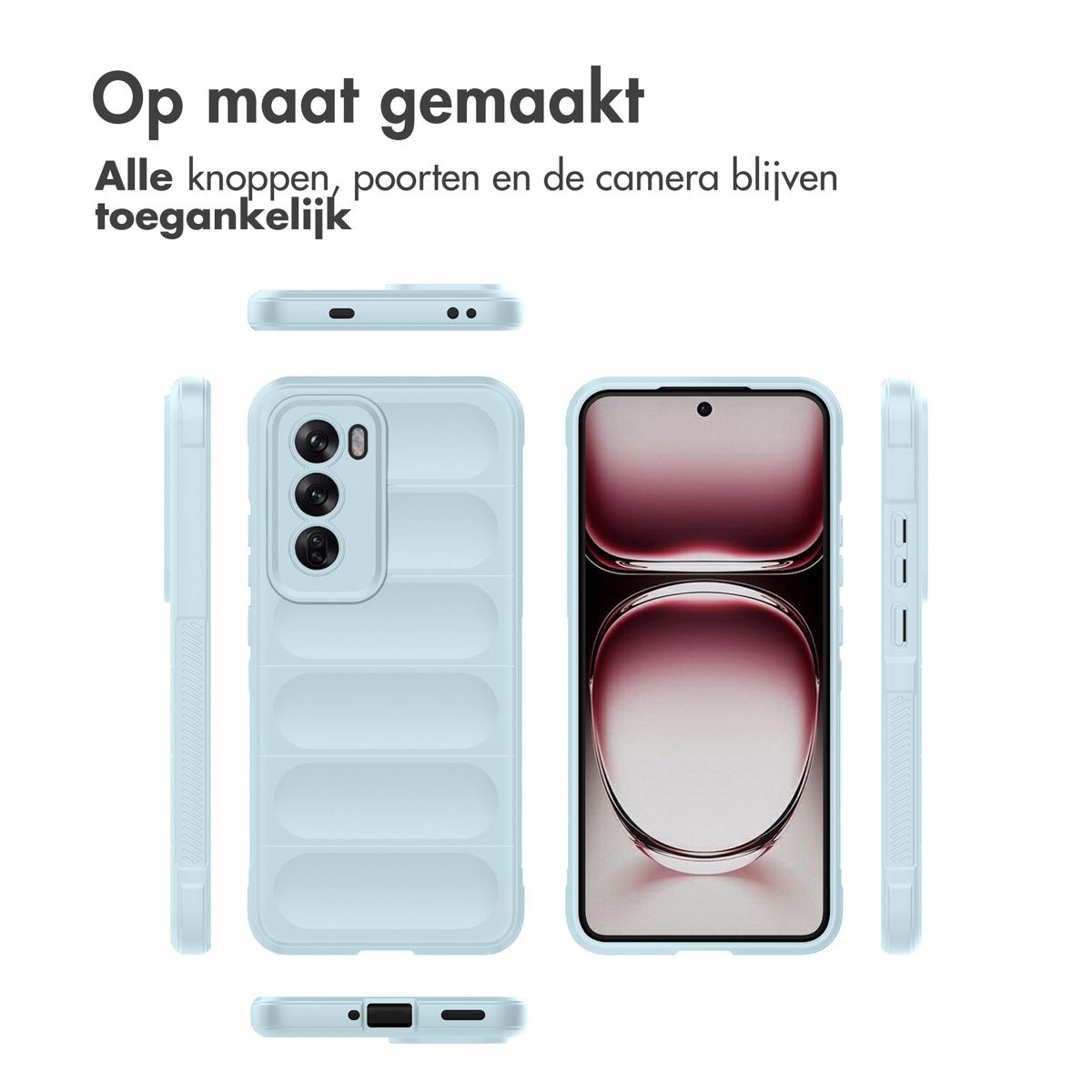 Lichtblauwe telefoonhoes in meerdere weergaven. Nederlandse tekst: 'Op maat gemaakt'. Knoppen, poorten en camera zijn toegankelijk.