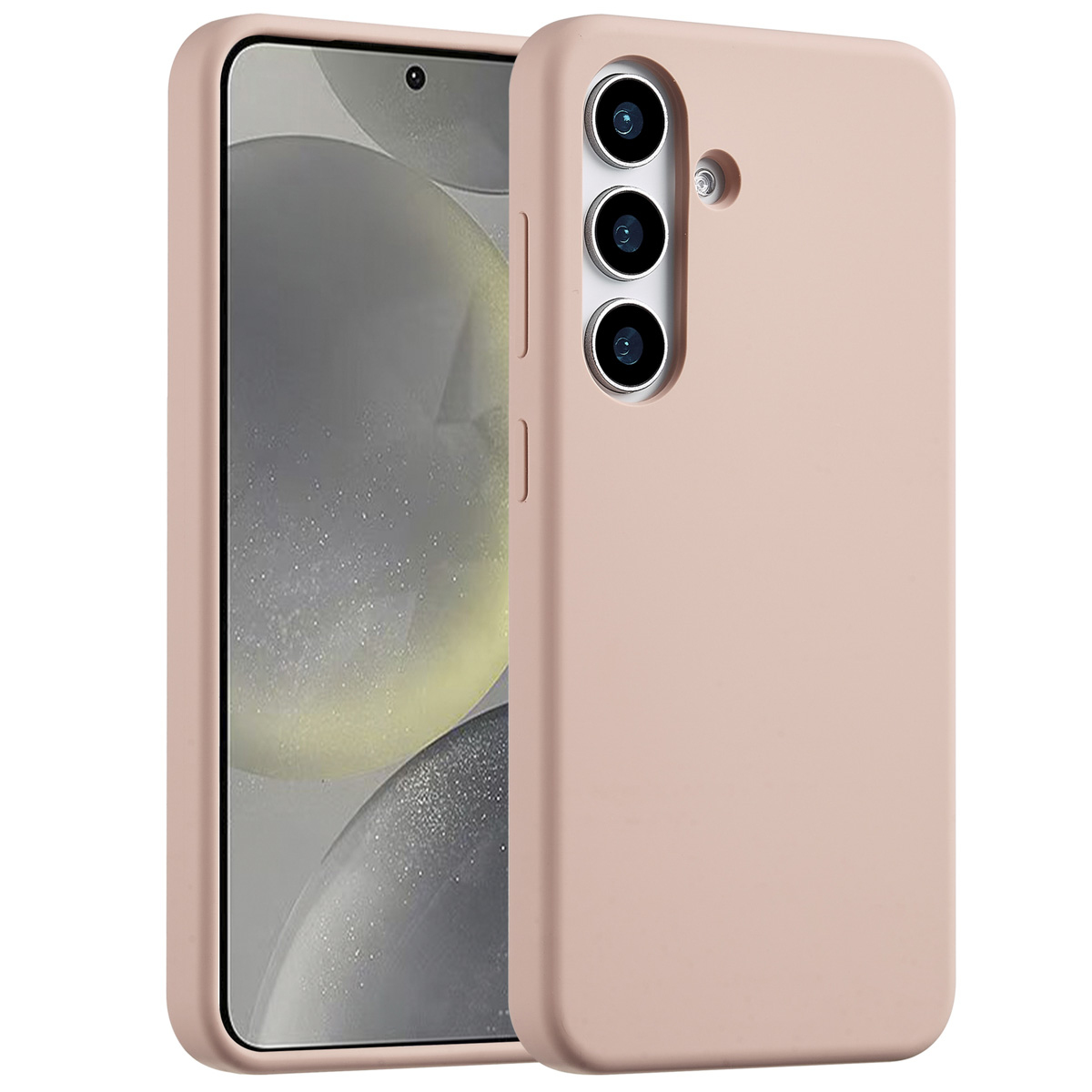 Een roze telefoonhoesje met een telefoon erin. De hoes heeft drie cameralenzen. Het scherm toont een wazig ontwerp.