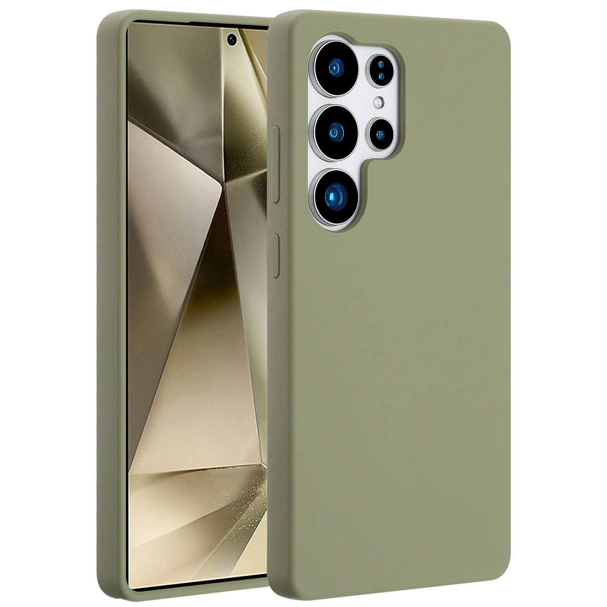 Olijfgroene telefoonhoes met een telefoon erin. De hoes heeft meerdere uitsparingen voor de camera. Het telefoonscherm toont een geometrisch ontwerp.
