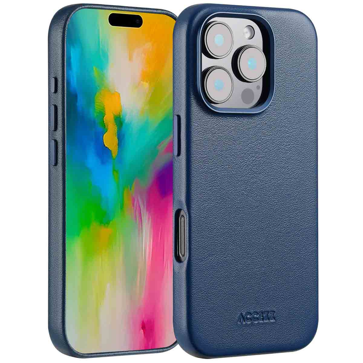 Twee blauwe telefoonhoesjes, één met een scherm met een abstracte afbeelding, de andere met de camera en de merknaam.