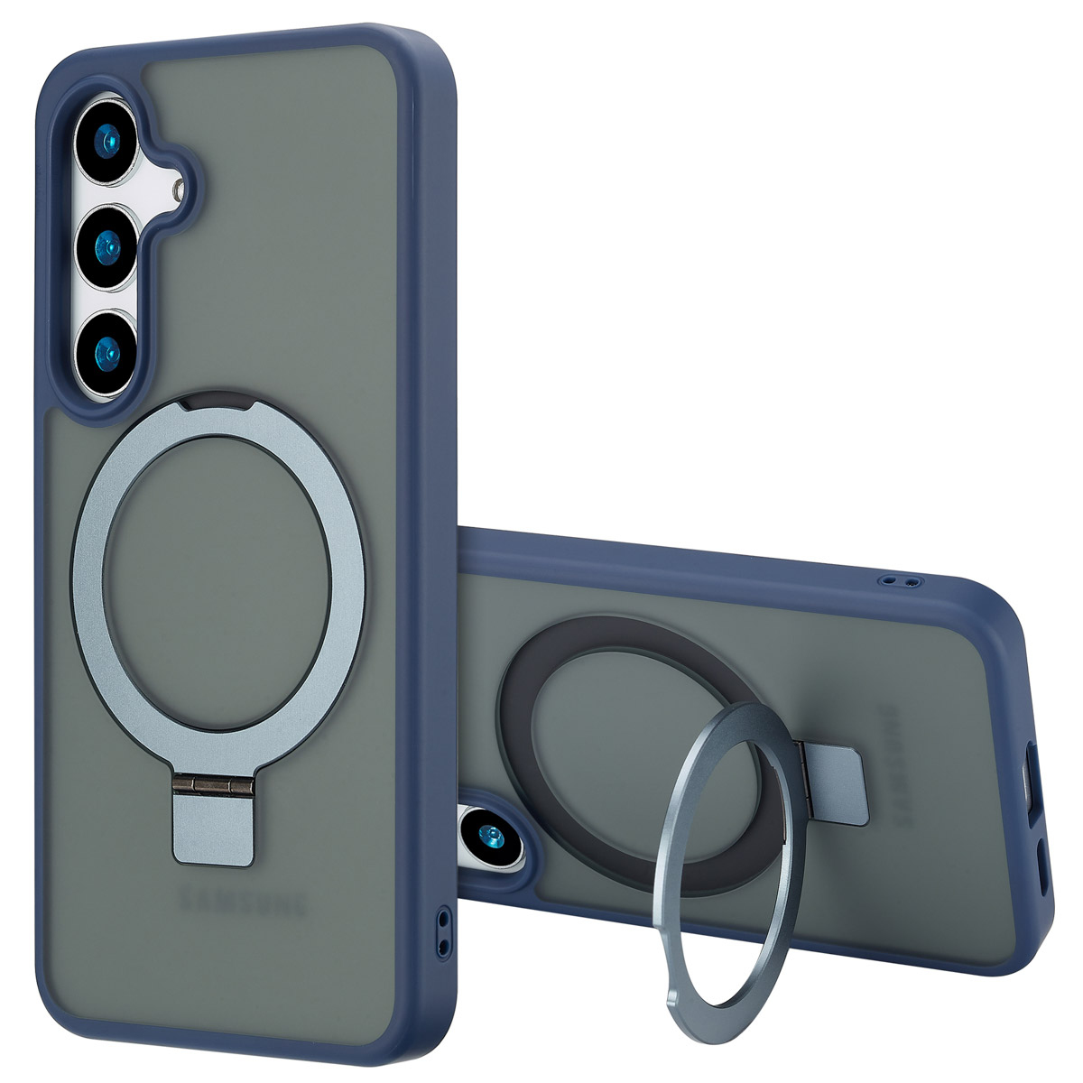 Twee telefoonhoesjes, een rechtop, de andere liggend. Beide zijn blauw, grijs en hebben een ringhouder.