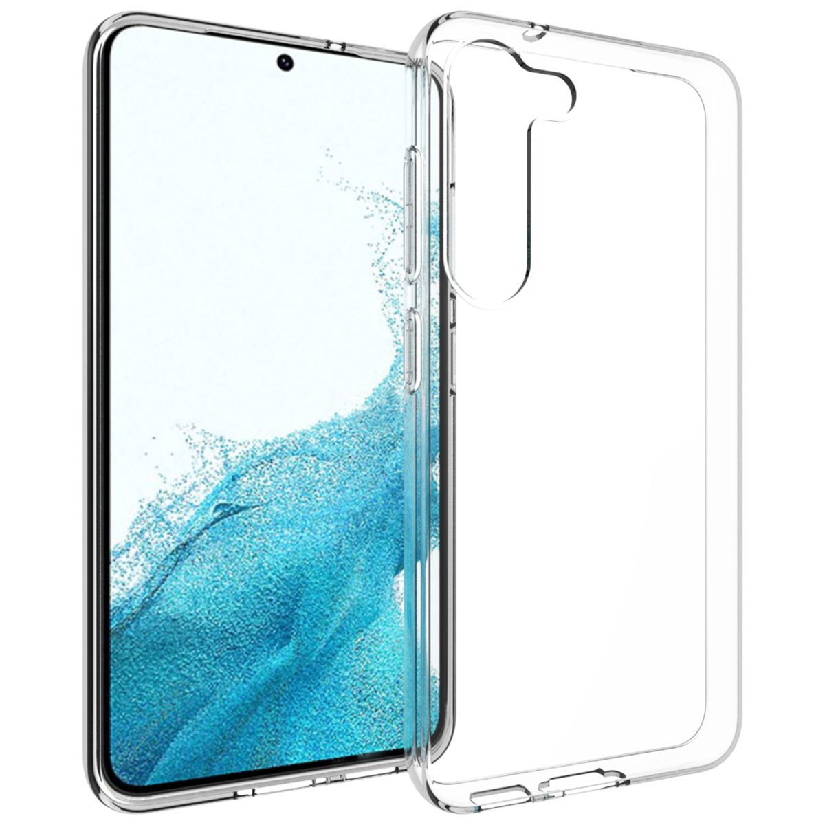Una custodia trasparente per telefono accanto a un telefono con uno schermo che mostra un design blu e bianco.