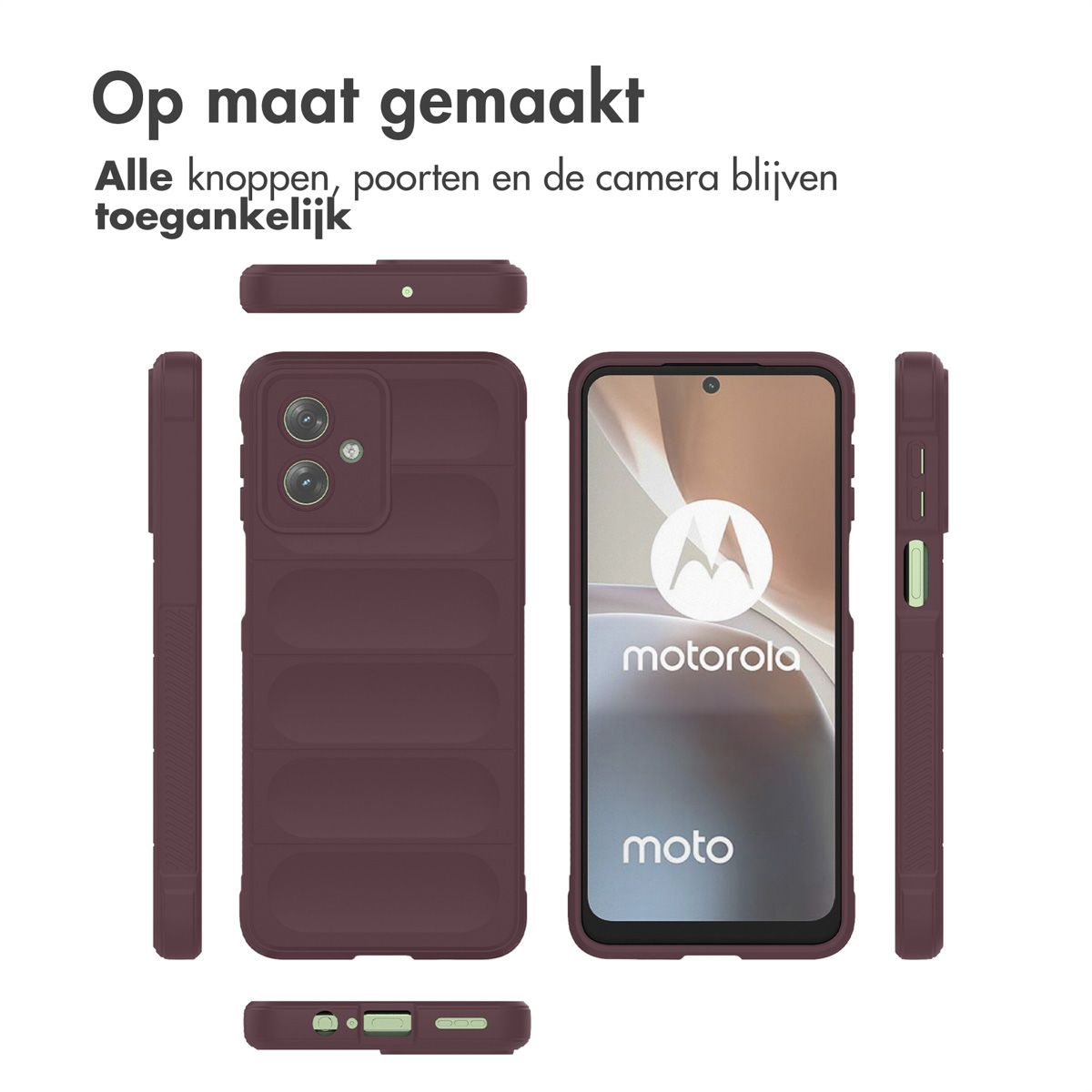 Een bordeauxrode telefoonhoes met een Motorola-telefoon erin. Er worden verschillende aanzichten van de hoes getoond. Bovenstaande tekst zegt dat het op maat gemaakt is.