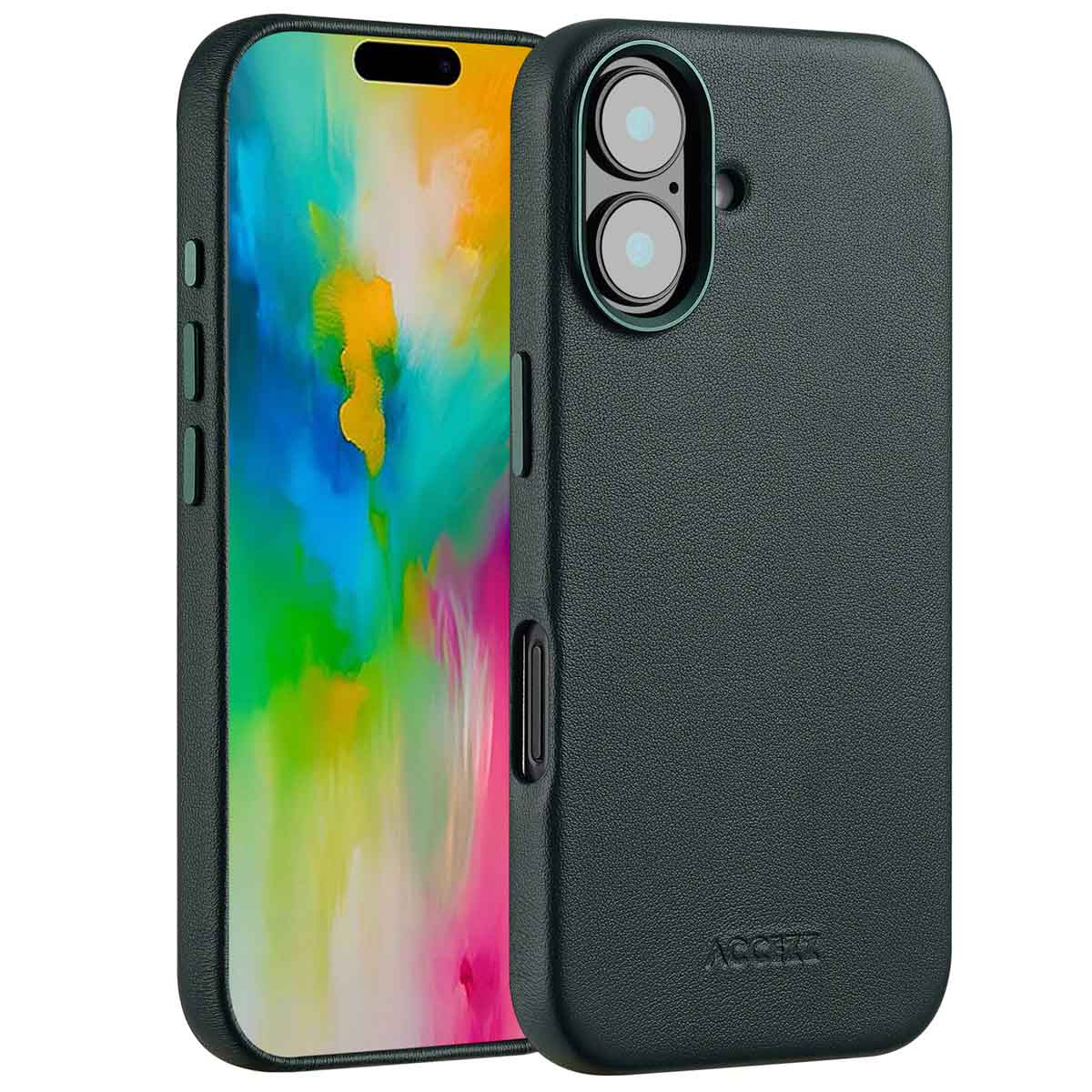 Een smartphone in een donkergroene hoes. Het scherm toont een kleurrijk abstract ontwerp. De hoes heeft uitsparingen voor de camera en knoppen.
