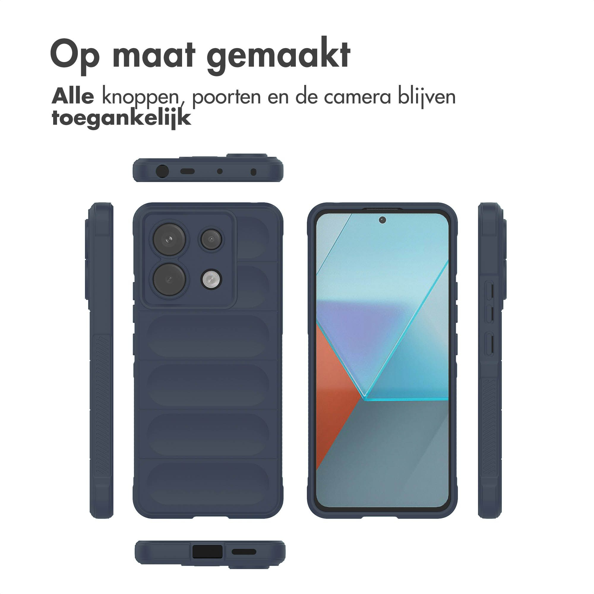 Afbeelding toont een blauwe telefoonhoes met een telefoon erin. Tekst erboven zegt 'Op maat gemaakt'.