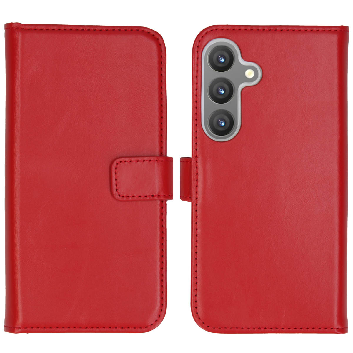 Een rode leren telefoonhoes, open. De linkerkant heeft een flap met magneetsluiting. De rechterkant toont telefooncamera's.