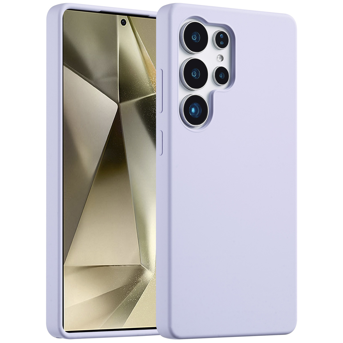 Een lavendelkleurige telefoonhoes met een telefoon erin. De hoes heeft uitsparingen voor de camera. Het scherm toont een geometrisch ontwerp.