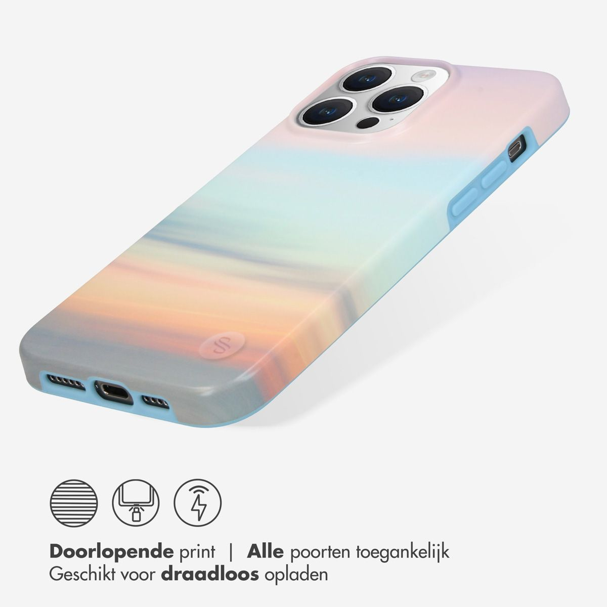 Una custodia per iPhone con un design colorato del tramonto. La custodia ha una sfumatura di colori ed è appoggiata su una superficie bianca.