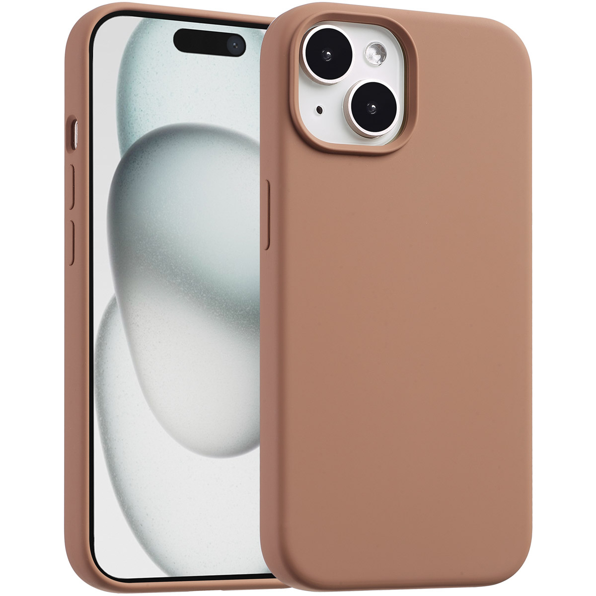 Een bruine telefoonhoes en een telefoon staan naast elkaar. De telefoon heeft een wit scherm en de hoes heeft cameragaten.
