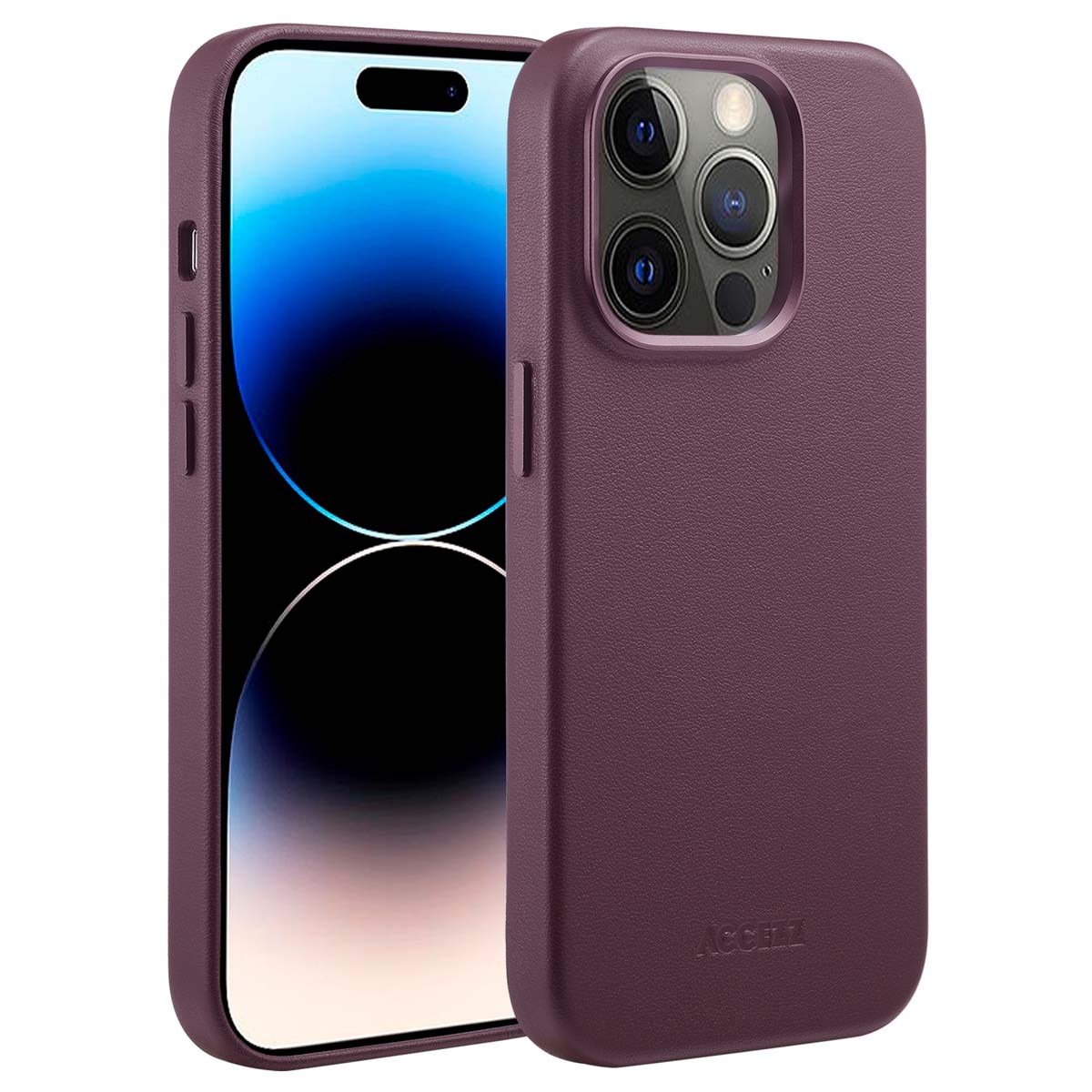 Une coque de téléphone violet foncé à côté d'un téléphone avec un écran bleu. La coque est texturée et porte la marque.