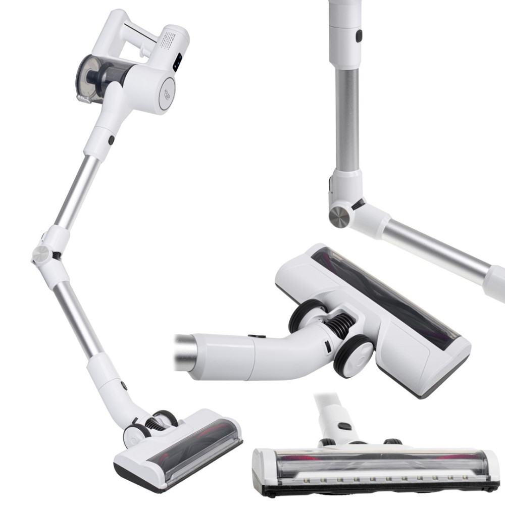 Biało-srebrny odkurzacz bezprzewodowy zdemontowany na części: korpus główny, rura przedłużająca i głowice szczotkowe.