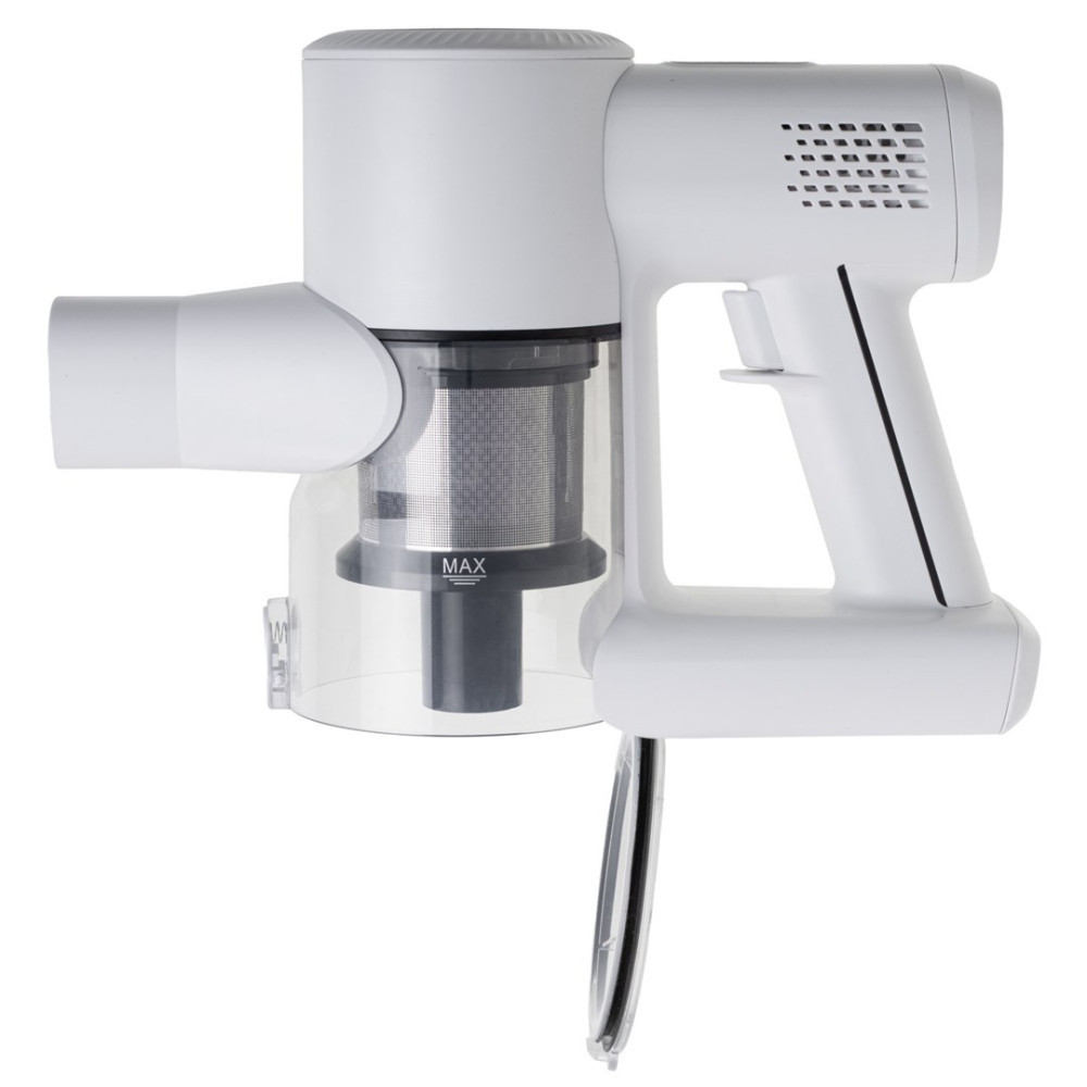 Biały odkurzacz bezprzewodowy. Posiada uchwyt, pojemnik na kurz i filtr. Design jest nowoczesny i minimalistyczny, na białym tle.