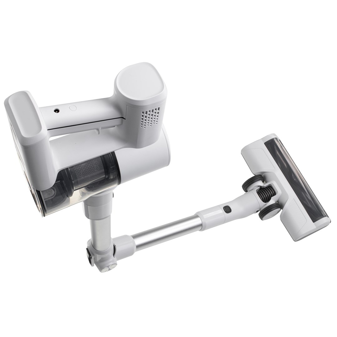 Biały odkurzacz bezprzewodowy leży na białej powierzchni. Składa się z korpusu głównego, uchwytu i głowicy szczotki.