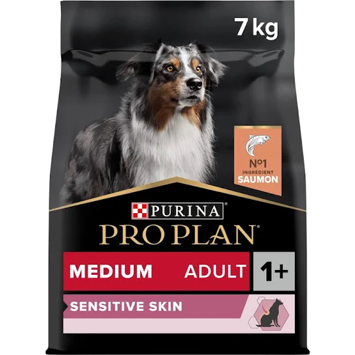 Torba karmy dla psów ze zdjęciem psa. To Purina Pro Plan, średni dorosły, dla wrażliwej skóry. Zawiera łososia.
