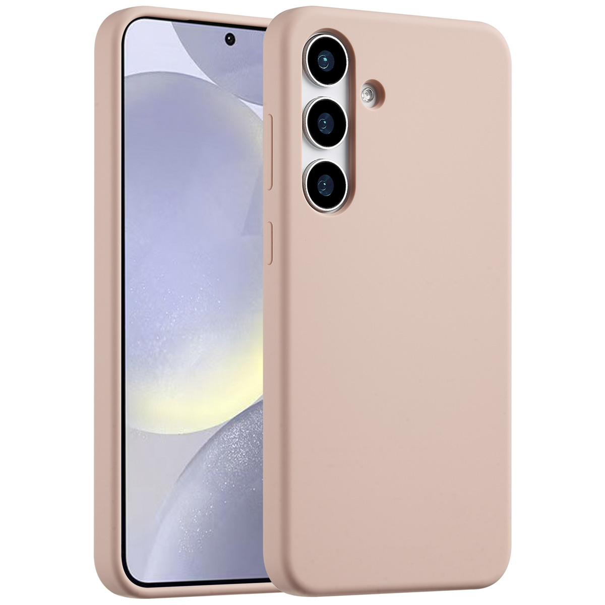Un étui de téléphone rose et un téléphone sont affichés. L'étui comporte trois objectifs. L'écran affiche une image floue.