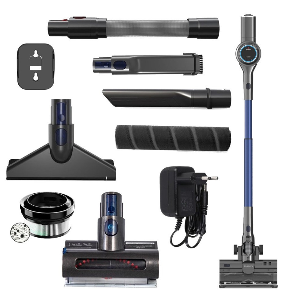 Zdemontowany odkurzacz bezprzewodowy z różnymi nasadkami i ładowarką. Części są czarne i szare. Obecny jest niebieski drążek.