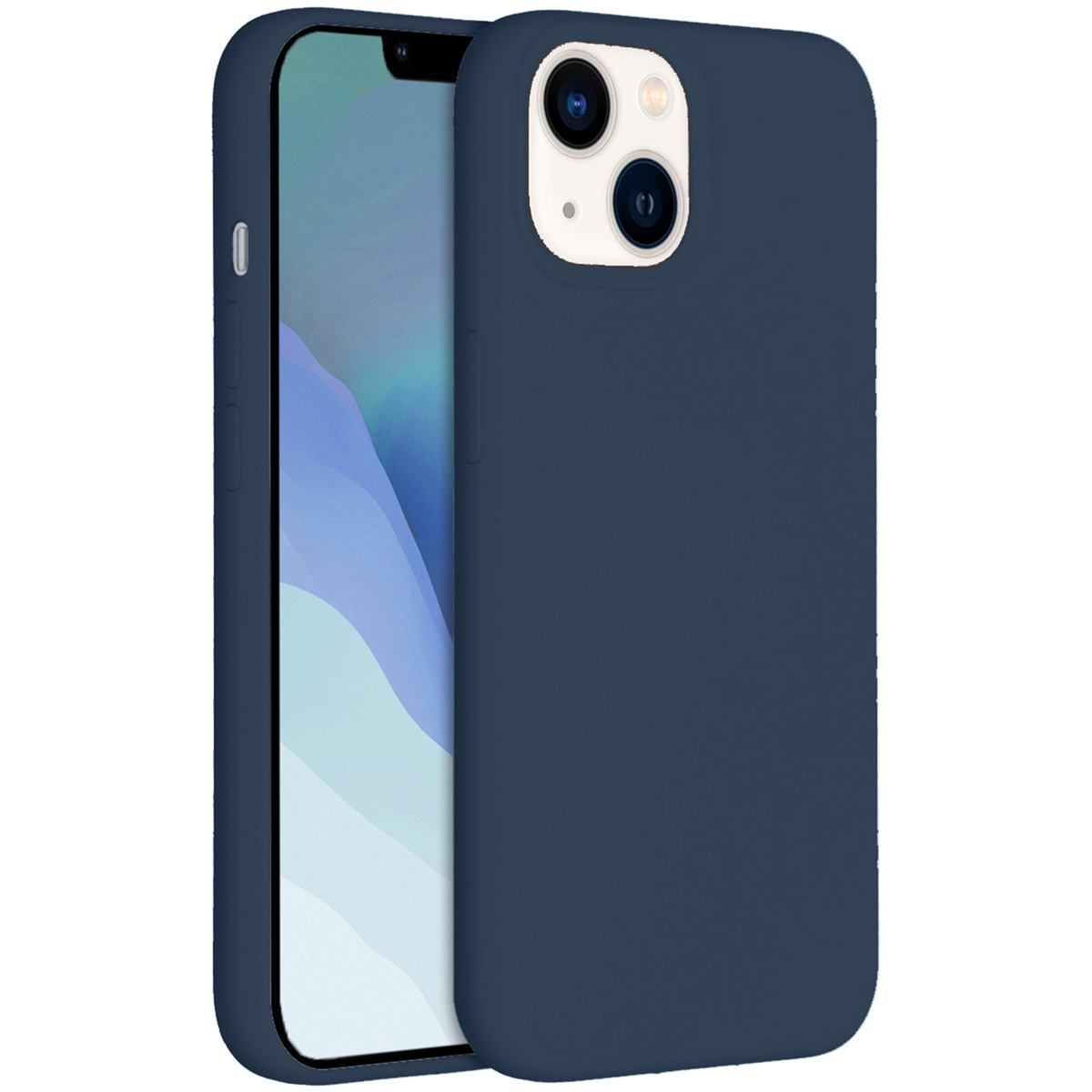 Een donkerblauwe telefoonhoes naast een iPhone. Het iPhone-scherm toont een blauw-witte abstracte afbeelding.