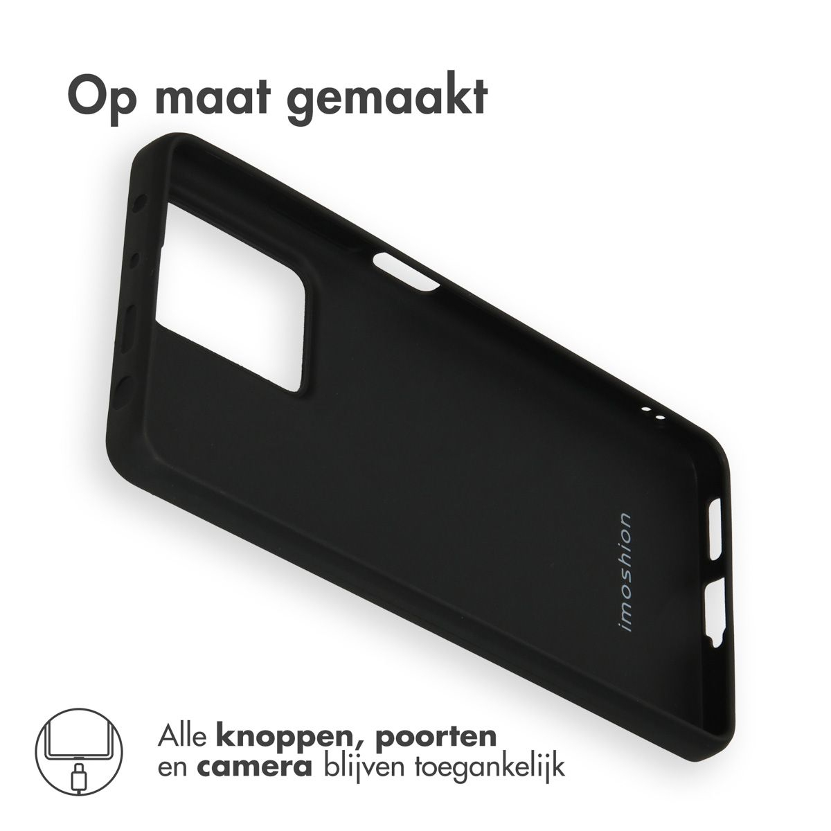 Une coque de téléphone noire avec le logo imoshion. Texte: 'Op maat gemaakt'. Découpes pour boutons, ports et caméra.