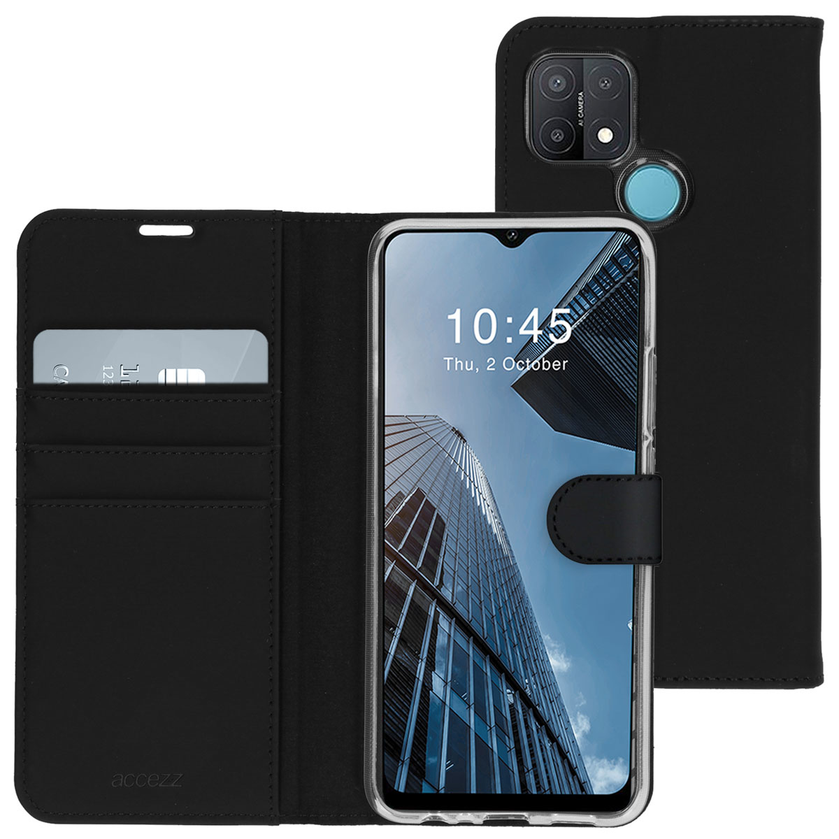 Custodia per telefono nera con telefono che mostra l'ora. Ha scomparti per carte e chiusura magnetica. Il telefono mostra una città.