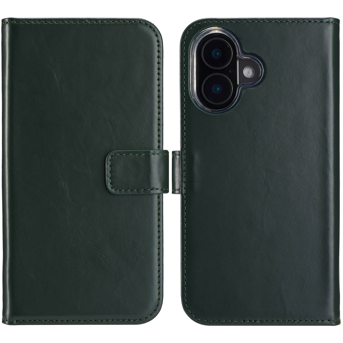 Un étui de téléphone vert foncé, ouvert. Il possède une fermeture magnétique. La caméra du téléphone est visible. L'étui est cousu sur les bords.