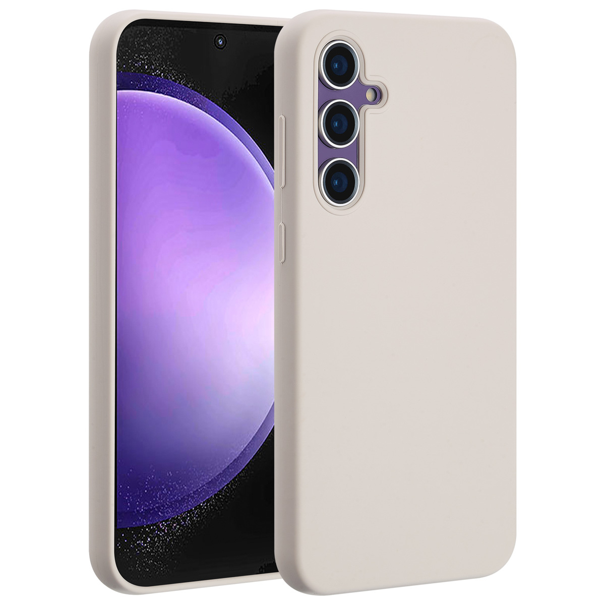 Een beige telefoonhoesje naast een telefoon met een paars scherm. De hoes heeft drie cameralenzen.