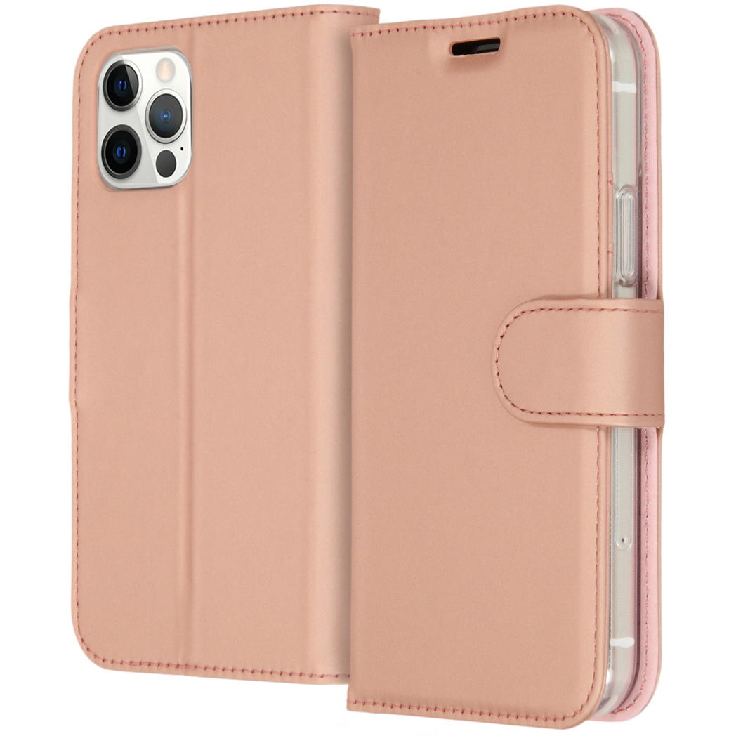 A pink phone case is open, revealing a phone. The case has a magnetic closure.