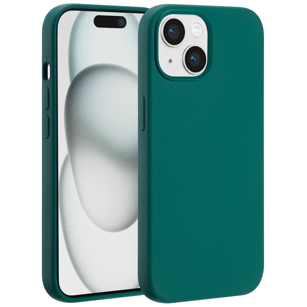 Een groene telefoonhoes en een telefoonscherm. De hoes heeft een camera en een knop. Het scherm toont een vage afbeelding.