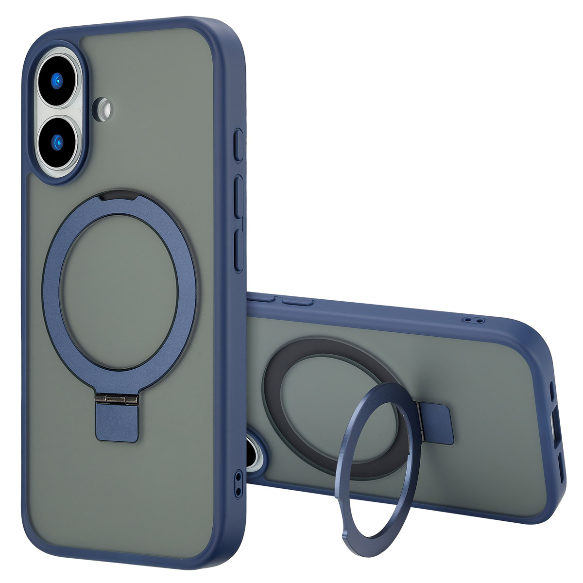 Twee blauw-grijze telefoonhoesjes. Eén staat rechtop, de andere ligt plat. Beide hebben ringhouders en camera-uitsparingen.