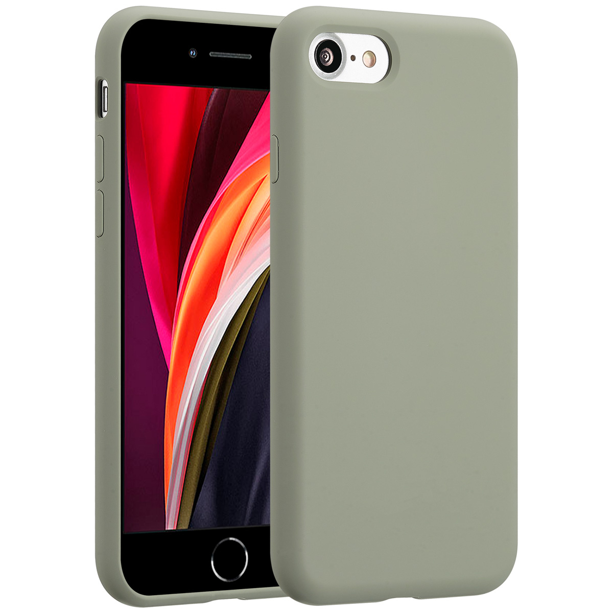 Een iPhone in een grijze hoes. Het scherm toont kleurrijke afbeeldingen. De hoes staat naast een andere, met de camera.