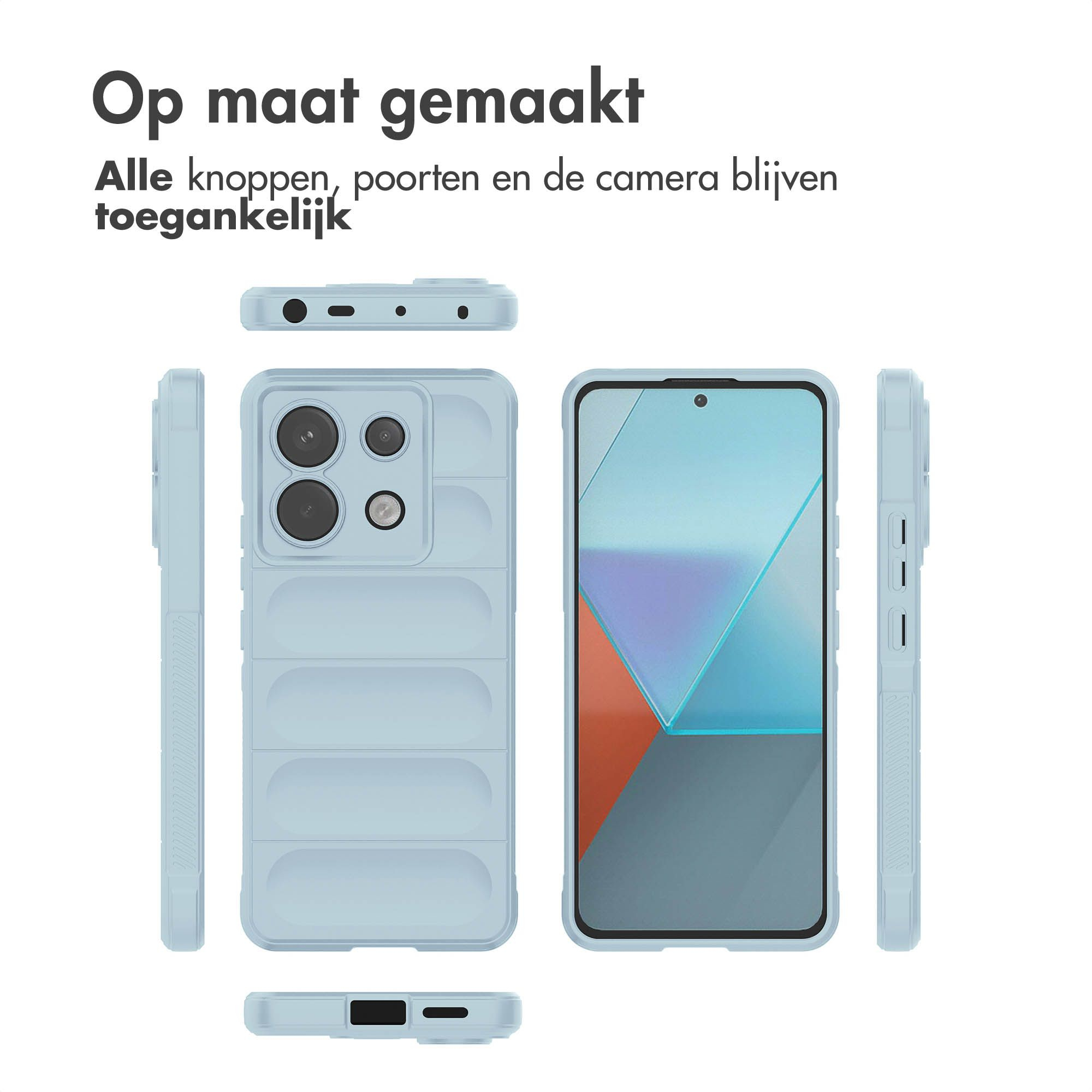Lichtblauwe telefoonhoes met uitsparingen voor camera en poorten. Verschillende hoesonderdelen weergegeven, tekst erboven.