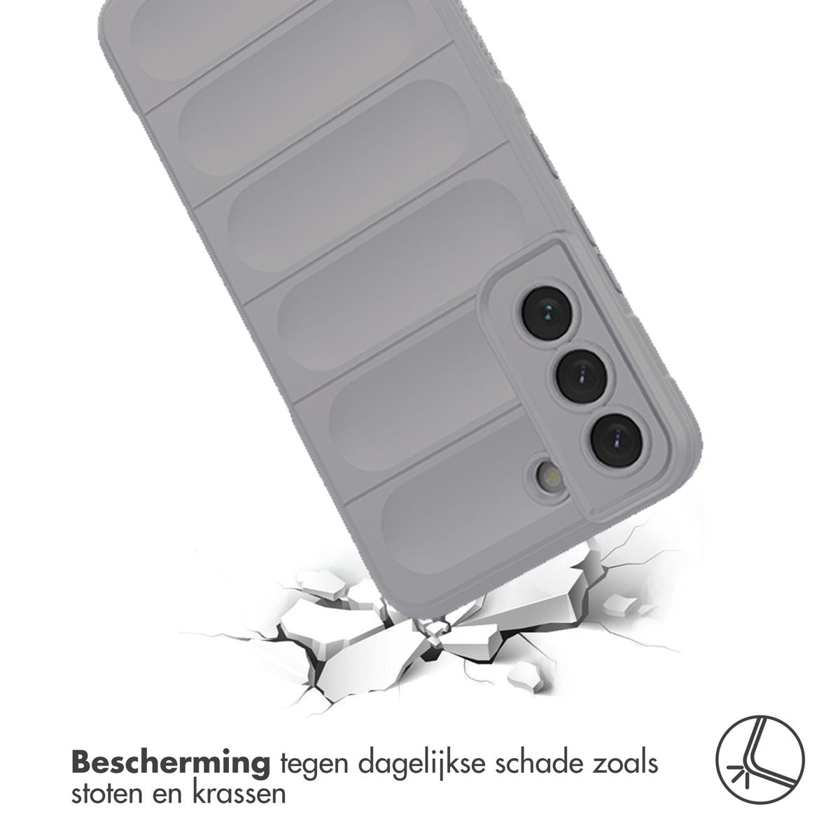 Een grijze telefoonhoes valt op een gebarsten grond. De hoes heeft een gestructureerd ontwerp en camera-uitsparingen.