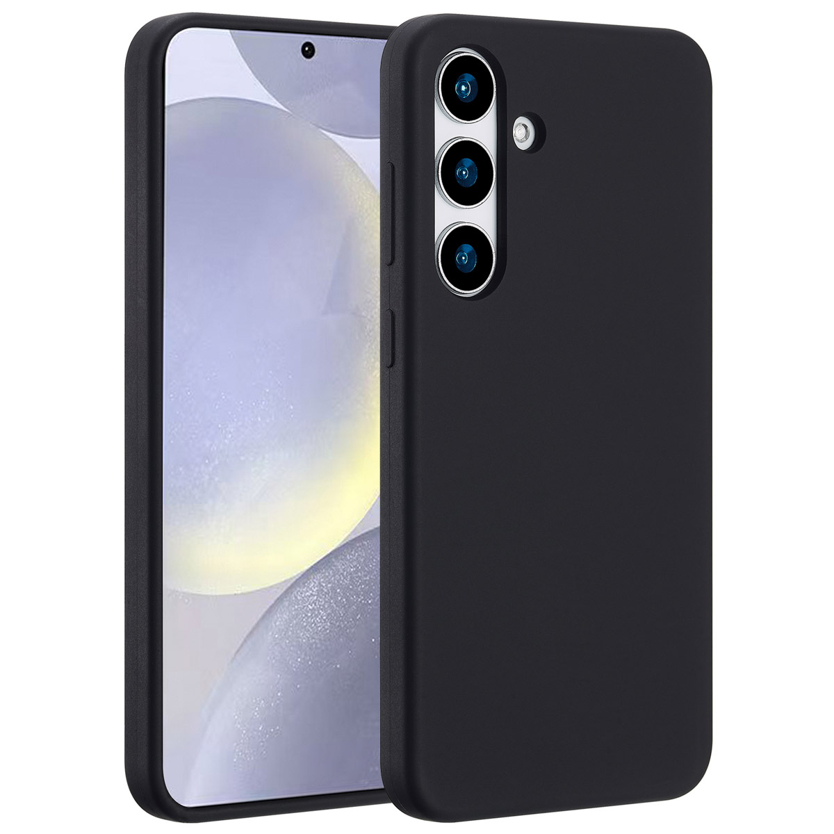 Een zwarte smartphone met een beschermhoesje. De telefoon heeft een scherm aan de linkerkant. De achterkant heeft drie camera's en een flitser.