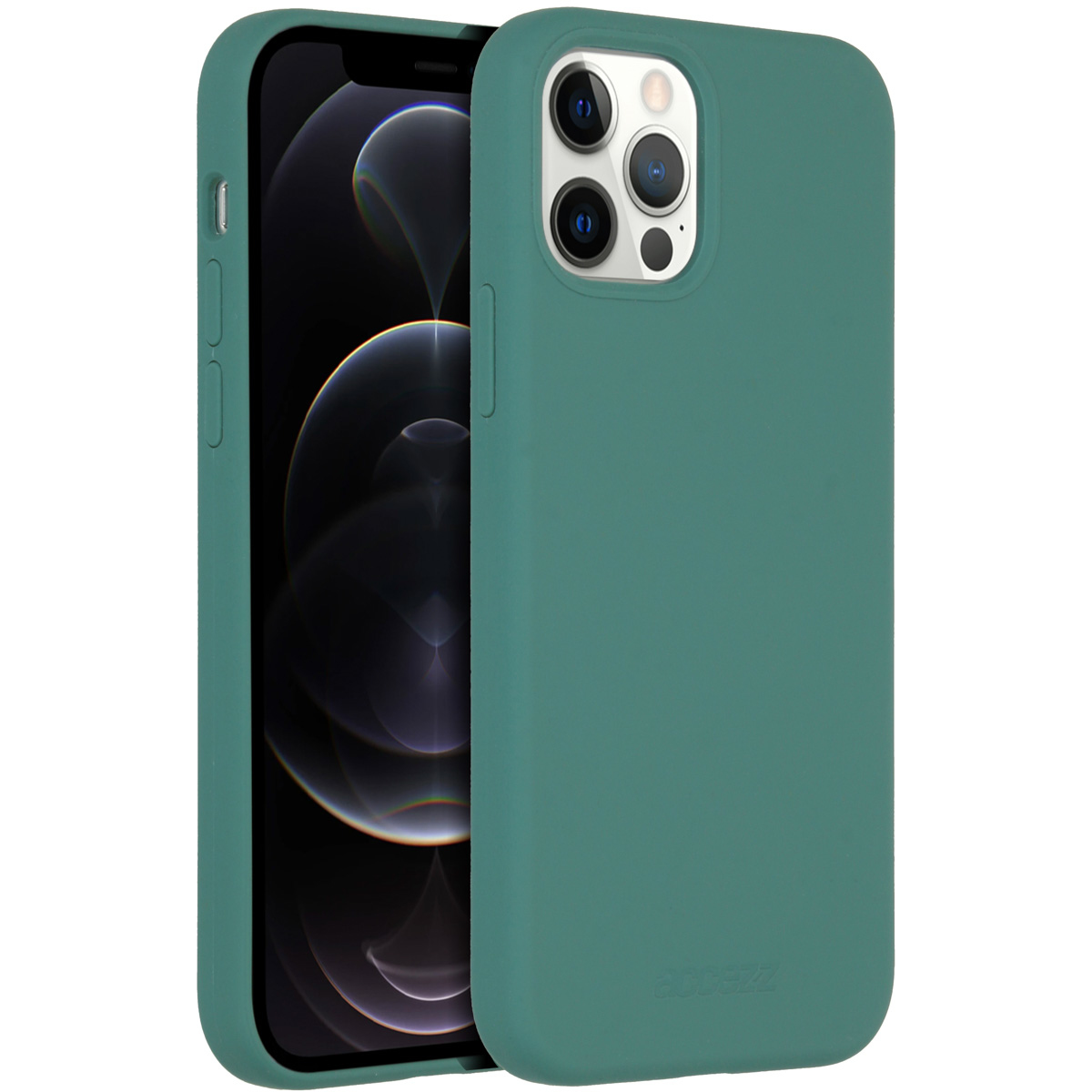 Een teal iPhone-hoesje met een telefoon erin. Het hoesje is open en toont het scherm en de camera's van de telefoon. Witte achtergrond.