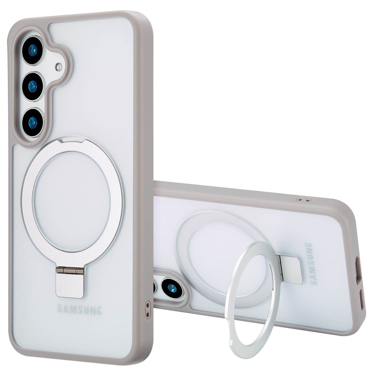Twee telefoonhoesjes, één rechtop, de andere gekanteld. Beide zijn transparant met grijze randen en een zilveren ring. Het Samsung-logo is zichtbaar.