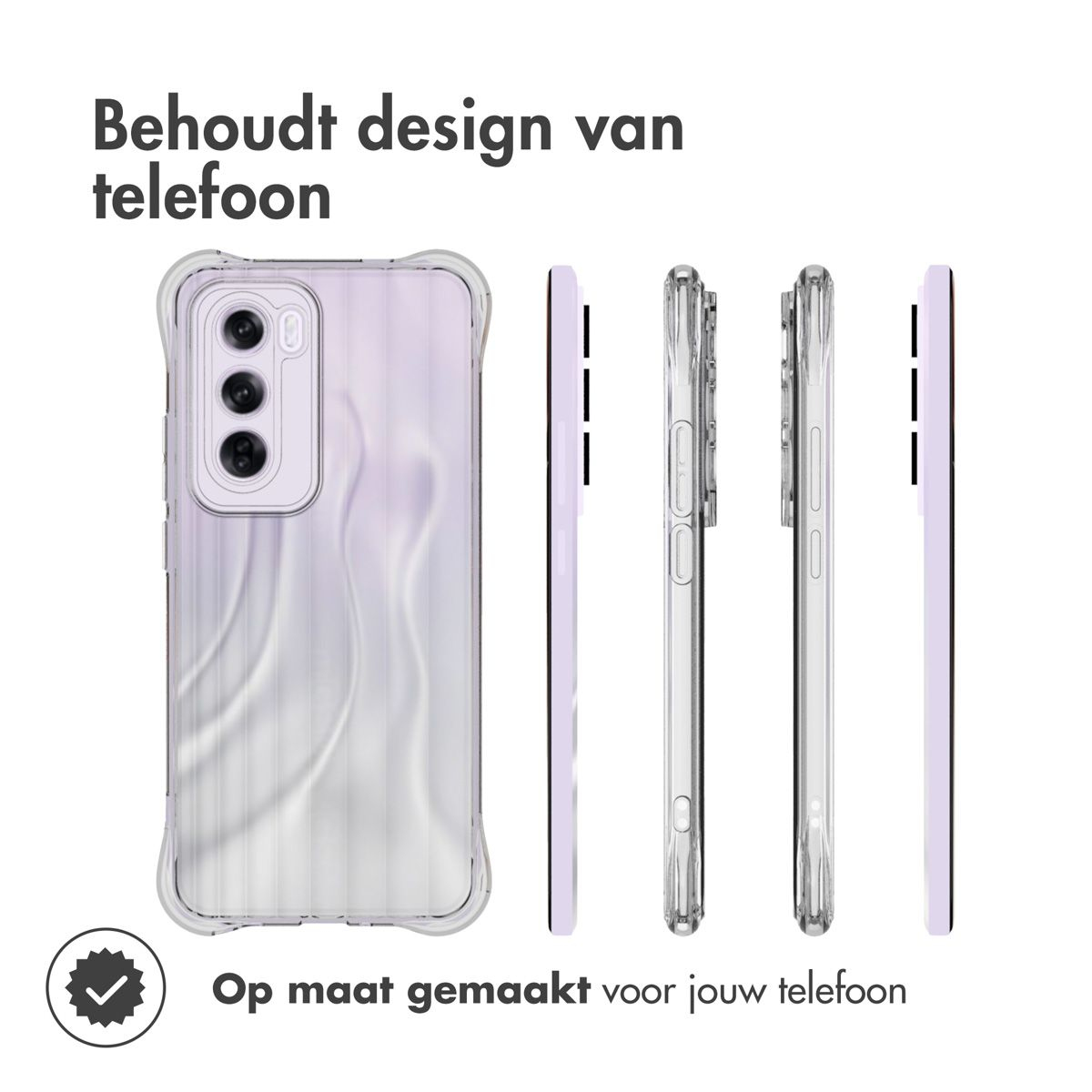 Una custodia per telefono, che mostra il design da più angolazioni. È trasparente con dettagli viola e protegge il design del telefono.